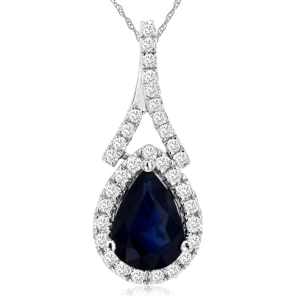 14K White Gold Pear-Shaped Sapphire Pendant with Diamond Halo - 0.88 Carat Sapphire and 0.15 Carat Total Diamond Weight - Royal Jewelry