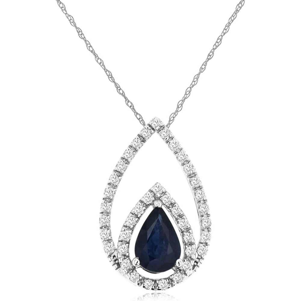 14K White Gold Pear-Shaped Sapphire Pendant with Diamond Halo Accents - 0.53 Carat Sapphire and 0.15 Carat Total Diamond Weight - Royal Jewelry