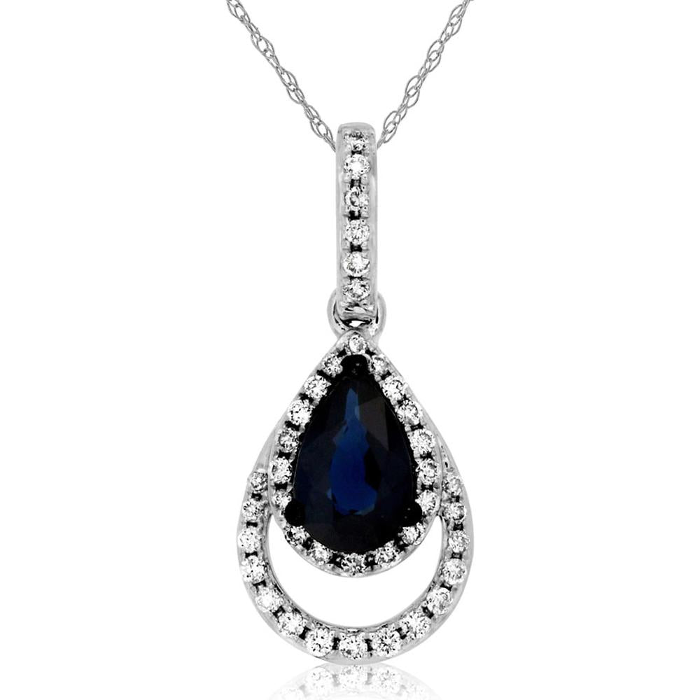 14K White Gold Pear-Shaped Sapphire Pendant with Diamond Open Halo - 0.52 Carat Sapphire and 0.11 Carat Diamond - Royal Jewelry