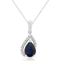 14K White Gold Pear-Shaped Sapphire Pendant with Pavé Diamond Accent - 0.85 Carat Sapphire and 0.07 Carat Total Diamond Weight - Royal Jewelry