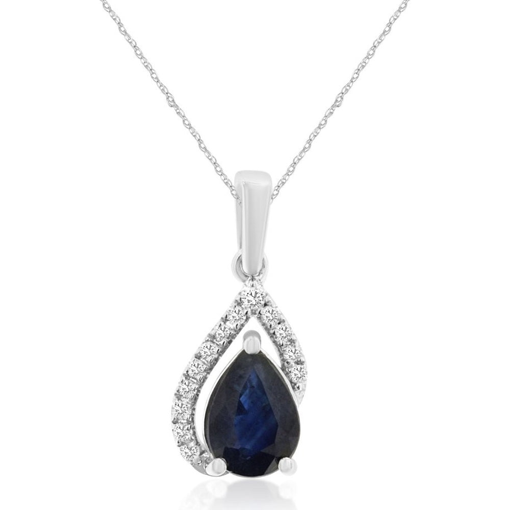 14K White Gold Pear-Shaped Sapphire Pendant with Pavé Diamond Accent - 0.85 Carat Sapphire and 0.07 Carat Total Diamond Weight - Royal Jewelry