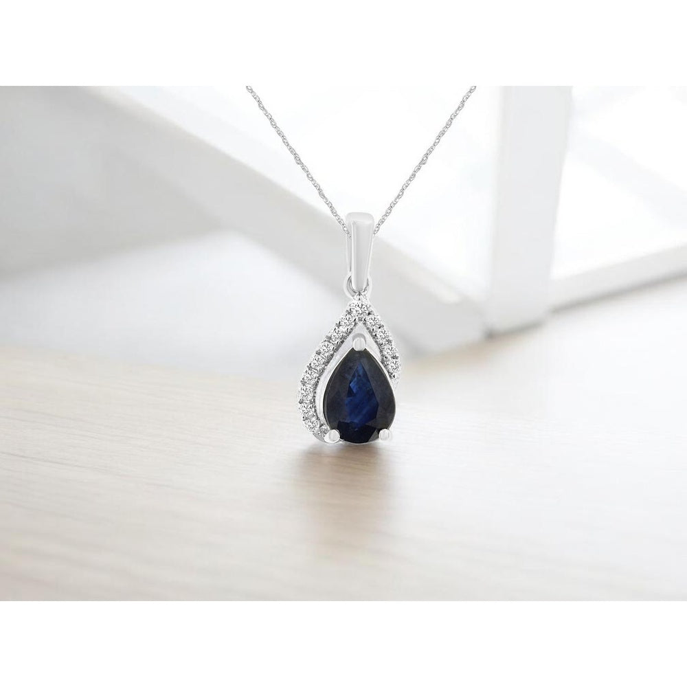 14K White Gold Pear-Shaped Sapphire Pendant with Pavé Diamond Accent - 0.85 Carat Sapphire and 0.07 Carat Total Diamond Weight - Royal Jewelry