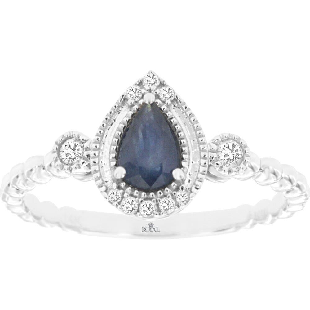 14K White Gold Pear-Shaped Sapphire Ring with Milgrain Halo and Bezel-Set Diamond Accents - 0.45 Carat Sapphire and 0.10 Carat Total Diamond Weight - Royal Jewelry