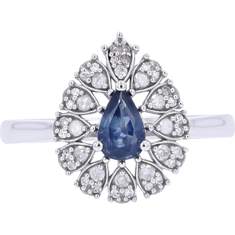 14K White Gold Pear-Shaped Sapphire Ring with Petal-Set Diamond Halo - 0.50 Carat Sapphire and 0.20 Carat Total Diamond Weight