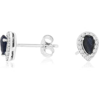 14K White Gold Pear-Shaped Sapphire Stud Earrings with Diamond Halo - 0.56 Carat Total Sapphire Weight and 0.14 Carat Total Diamond Weight - Royal Jewelry