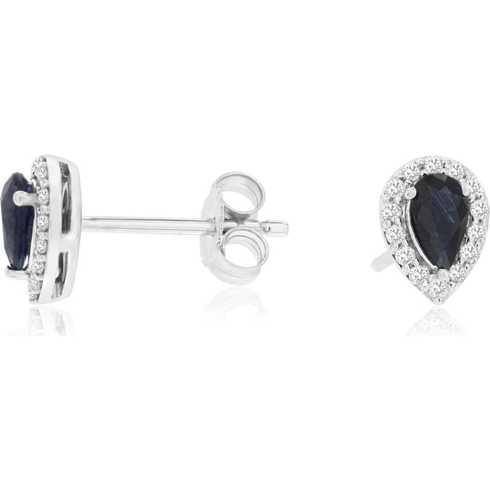 14K White Gold Pear-Shaped Sapphire Stud Earrings with Diamond Halo - 0.56 Carat Total Sapphire Weight and 0.14 Carat Total Diamond Weight - Royal Jewelry