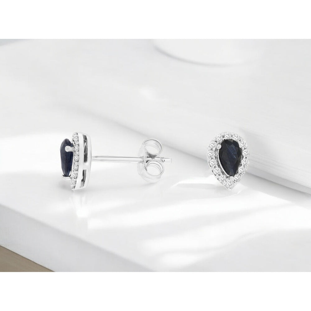 14K White Gold Pear-Shaped Sapphire Stud Earrings with Diamond Halo - 0.56 Carat Total Sapphire Weight and 0.14 Carat Total Diamond Weight - Royal Jewelry