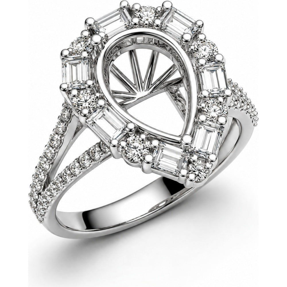14K White Gold Pear-Shaped Semi-Mount Ring with Alternating Round and Baguette Diamond Halo - 1.49 Carat Total Diamond Weight by Auriventus