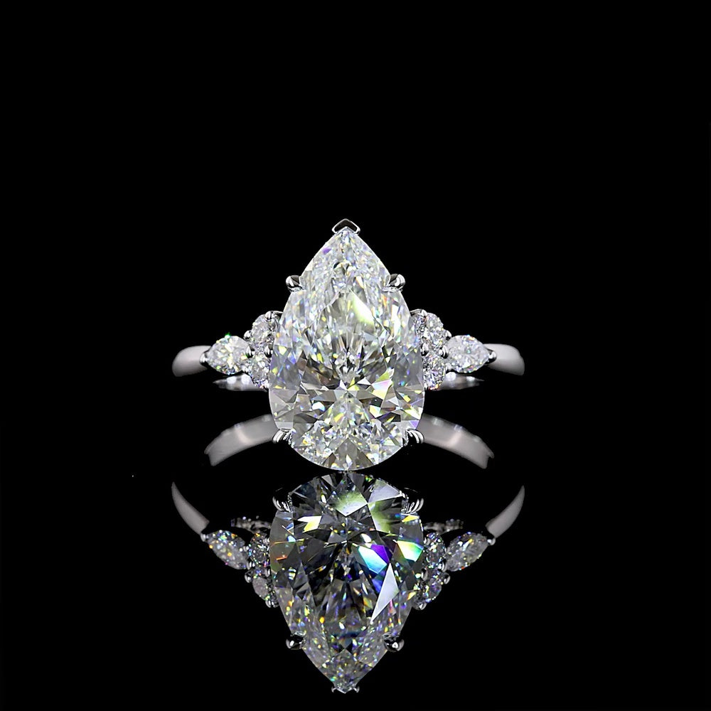 14K White Gold Pear-Shaped Special Ring with Marquise and Round Lab Diamond Side Stones - 3.50 Carat Total Diamond Weight - Covaloro Fine Jewelry