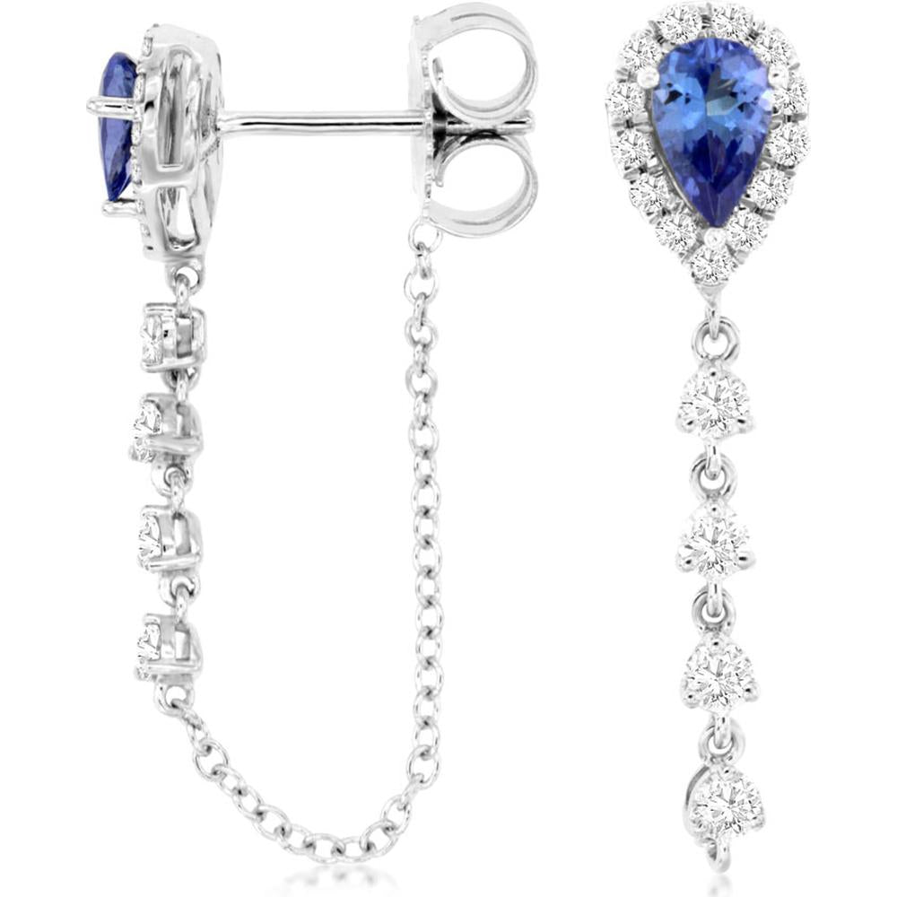 14K White Gold Pear-Shaped Tanzanite and Diamond Halo Drop Earrings - 0.42 Carat Tanzanite Total Weight, 0.35 Carat Diamond Total Weight - Royal Jewelry