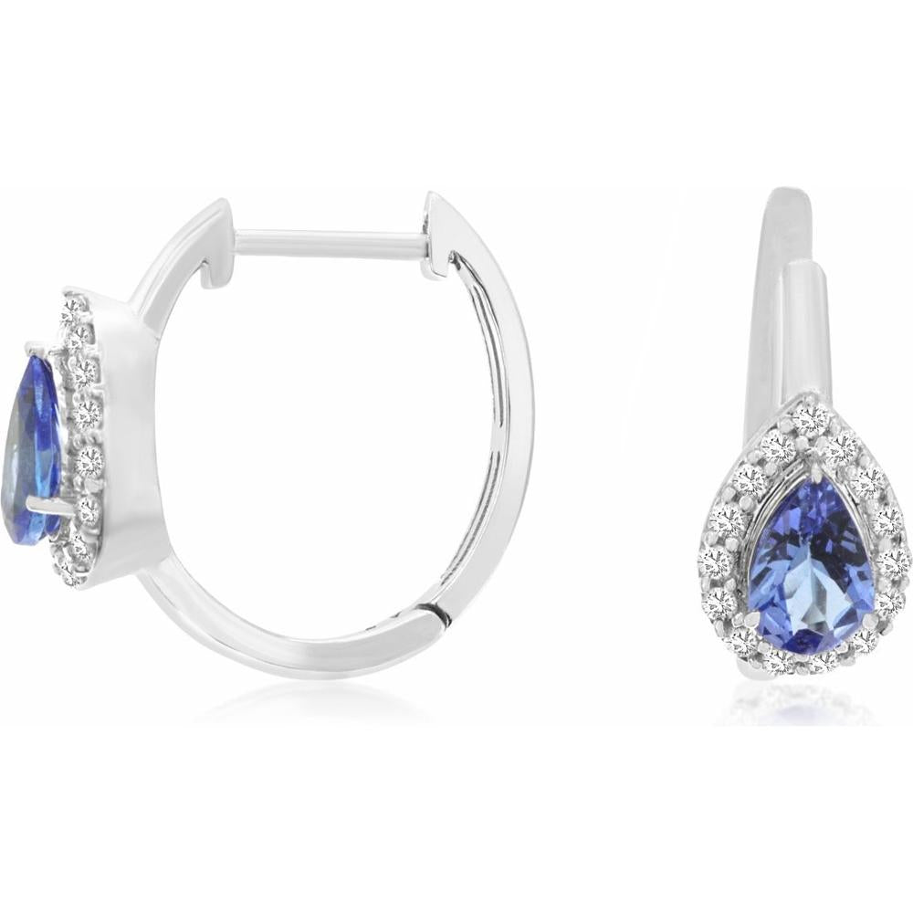 14K White Gold Pear Shaped Tanzanite and Diamond Halo Earrings - 0.84 Carat Tanzanite Total Weight and 0.25 Carat Diamond Total Weight - Royal Jewelry
