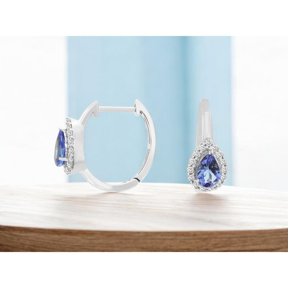 14K White Gold Pear Shaped Tanzanite and Diamond Halo Earrings - 0.84 Carat Tanzanite Total Weight and 0.25 Carat Diamond Total Weight - Royal Jewelry