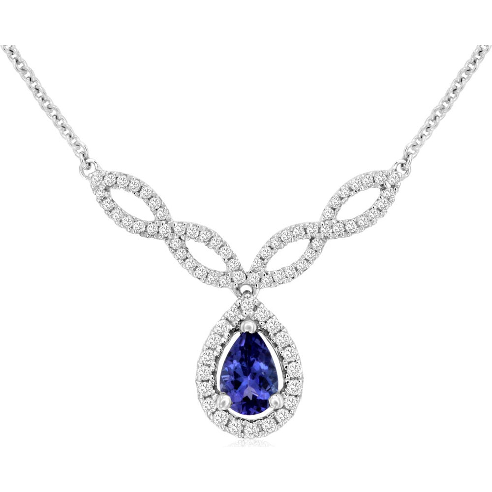 14K White Gold Pear-Shaped Tanzanite and Diamond Halo Pendant Necklace - 0.42 Carat Tanzanite and 0.25 Carat Total Diamond Weight - Royal Jewelry