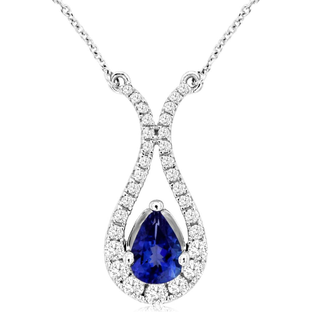 14K White Gold Pear-Shaped Tanzanite and Diamond Halo Pendant Necklace - 0.75 Carat Tanzanite, 0.33 Carat Diamond Total Weight - Royal Jewelry