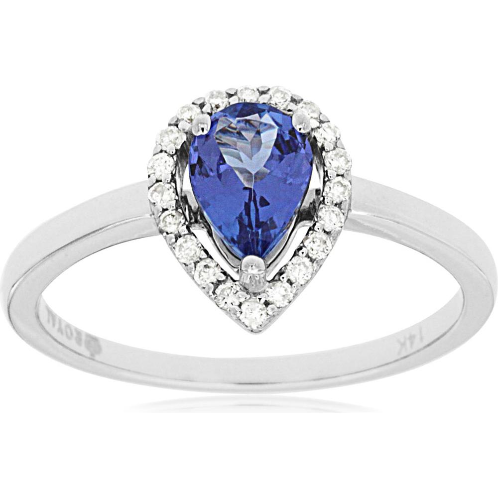 14K White Gold Pear-Shaped Tanzanite and Diamond Halo Ring - 0.75 Carat Tanzanite, 0.12 Carat Total Diamond Weight - Royal Jewelry