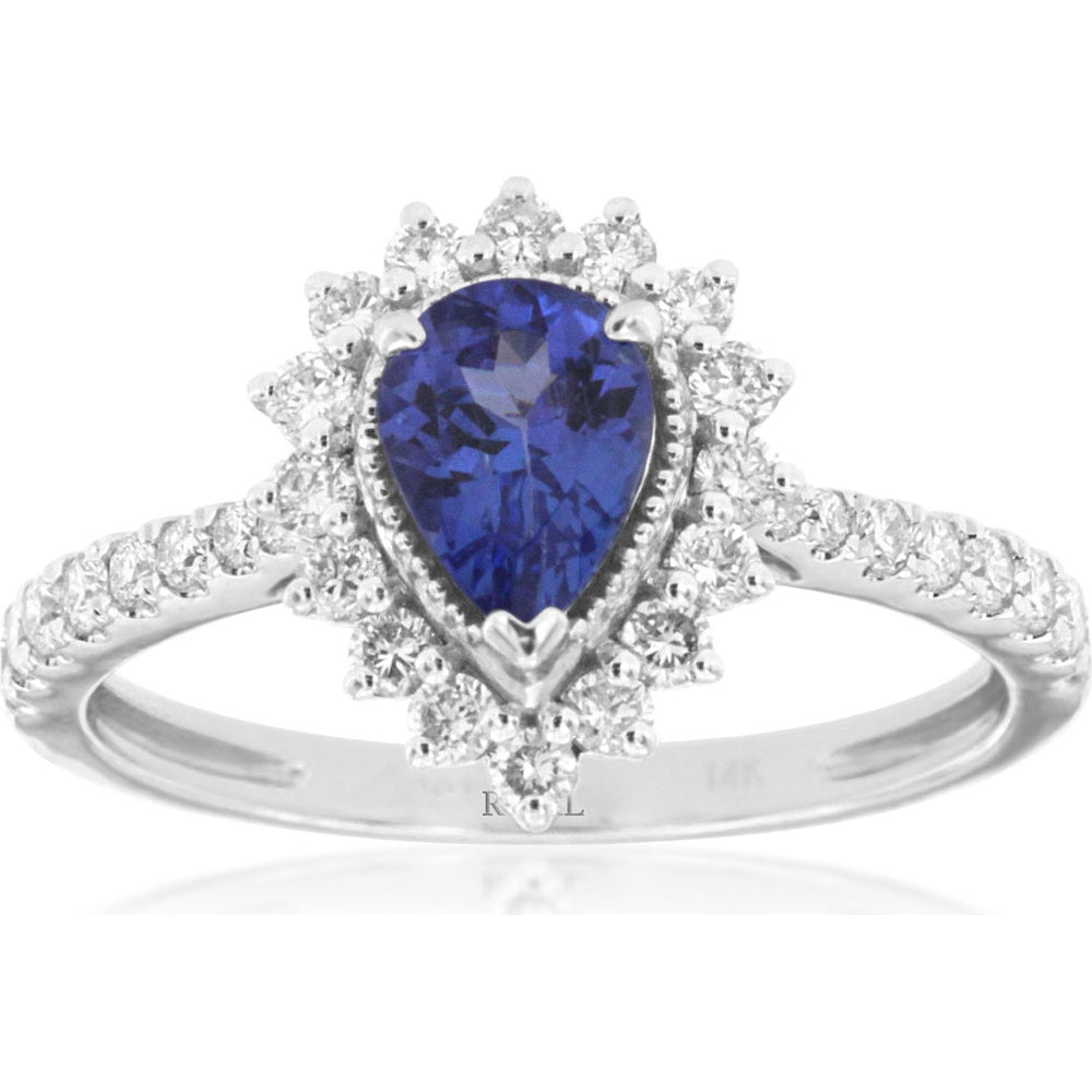 14K White Gold Pear-Shaped Tanzanite and Diamond Halo Ring with Milgrain Detail - 0.75 Carat Tanzanite and 0.50 Carat Total Diamond Weight - Royal Jewelry