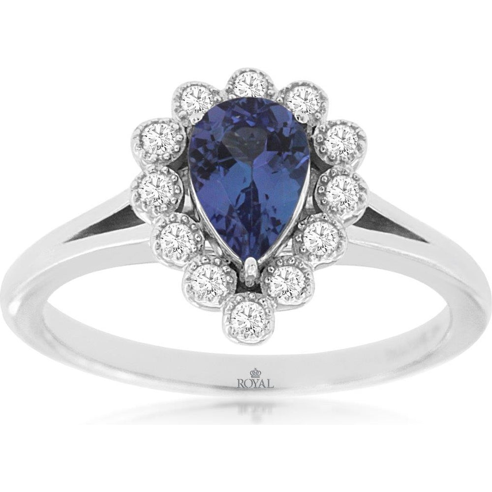 14K White Gold Pear-Shaped Tanzanite and Diamond Halo Ring with Milgrain Detailing - 0.75 Carat Tanzanite and 0.14 Carat Total Diamond Weight - Royal Jewelry