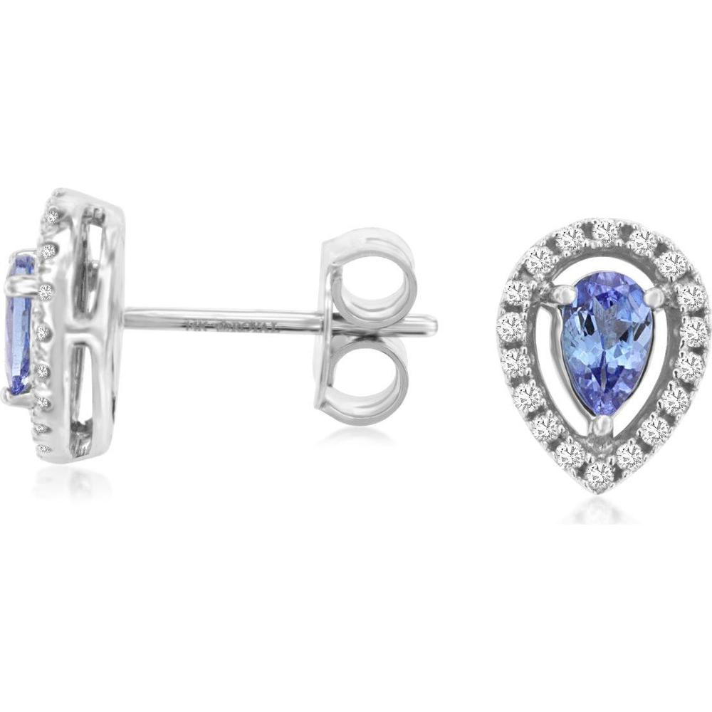 14K White Gold Pear Shaped Tanzanite and Diamond Halo Stud Earrings - 0.42 Carat Total Tanzanite Weight and 0.19 Carat Total Diamond Weight - Royal Jewelry