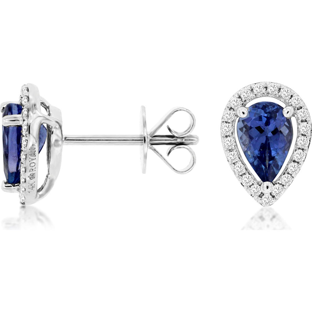 14K White Gold Pear-Shaped Tanzanite and Diamond Halo Stud Earrings - 0.85 Carat Total Tanzanite Weight and 0.12 Carat Total Diamond Weight - Royal Jewelry