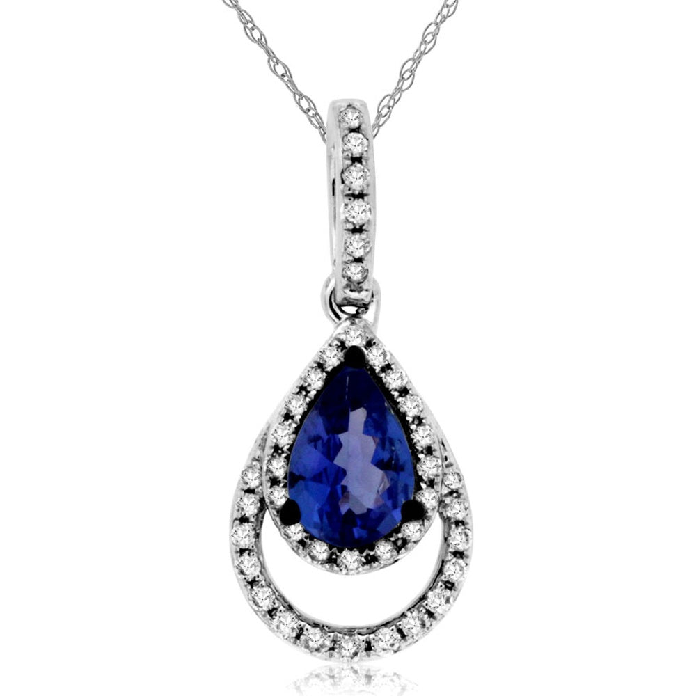 14K White Gold Pear-Shaped Tanzanite Pendant with Diamond Halo - 0.42 Carat Tanzanite and 0.11 Carat Total Diamond Weight - Royal Jewelry