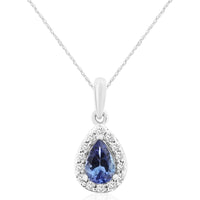 14K White Gold Pear-Shaped Tanzanite Pendant with Diamond Halo - 0.42 Carat Tanzanite and 0.12 Carat Total Diamond Weight - Royal Jewelry