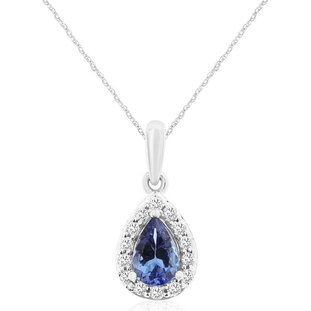 14K White Gold Pear-Shaped Tanzanite Pendant with Diamond Halo - 0.42 Carat Tanzanite and 0.12 Carat Total Diamond Weight - Royal Jewelry