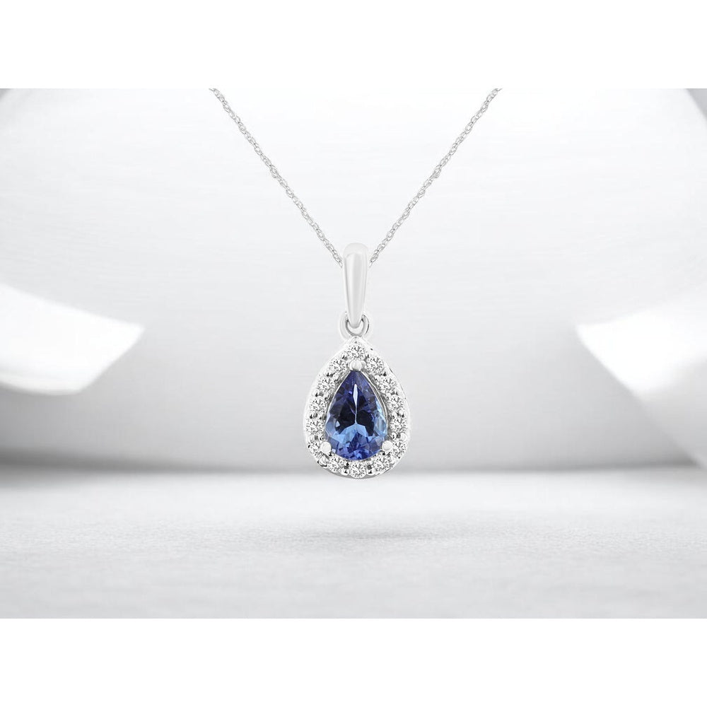 14K White Gold Pear-Shaped Tanzanite Pendant with Diamond Halo - 0.42 Carat Tanzanite and 0.12 Carat Total Diamond Weight - Royal Jewelry