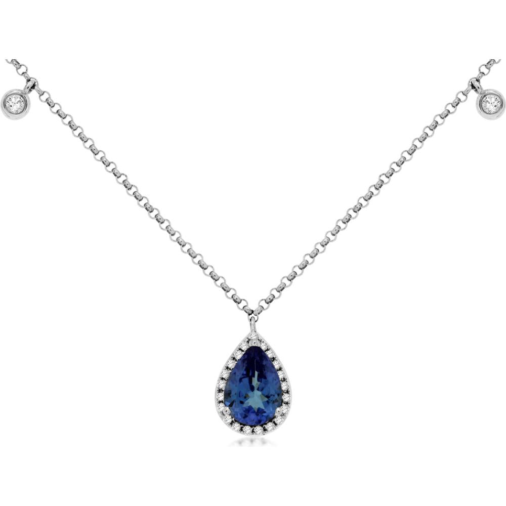 14K White Gold Pear-Shaped Tanzanite Pendant with Diamond Halo - 0.75 Carat Tanzanite & 0.12 Carat Total Diamond Weight - Royal Jewelry