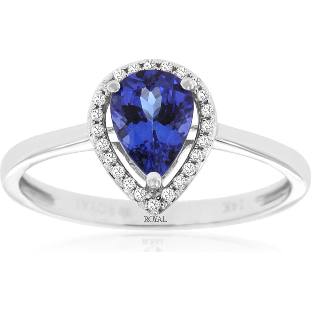 14K White Gold Pear Shaped Tanzanite Ring with Diamond Halo - 0.75 Carat Tanzanite and 0.08 Carat Total Diamond Weight - Royal Jewelry