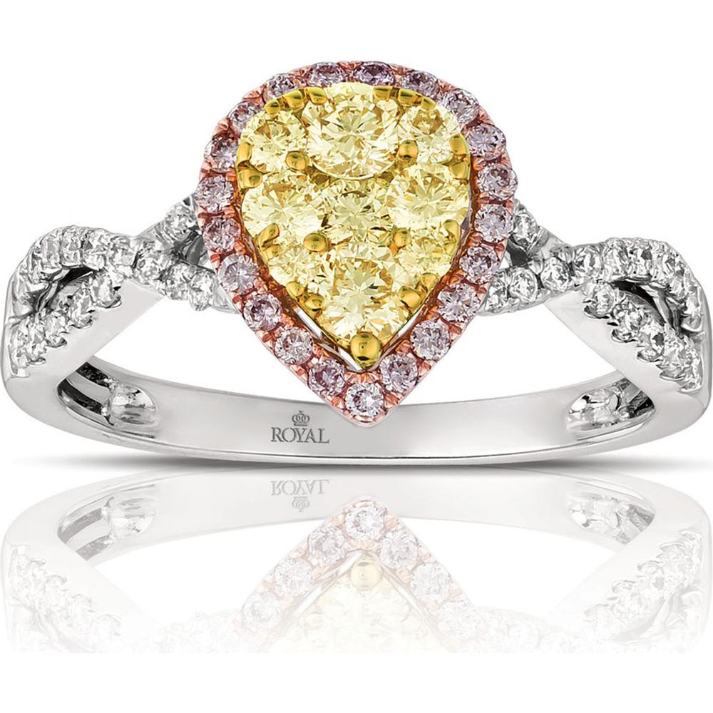 14K White Gold Pear-Shaped Yellow & Pink Diamond Halo Ring with Milgrain Detail - 0.46 Carats Yellow Diamond, 0.14 Carats Pink Diamond