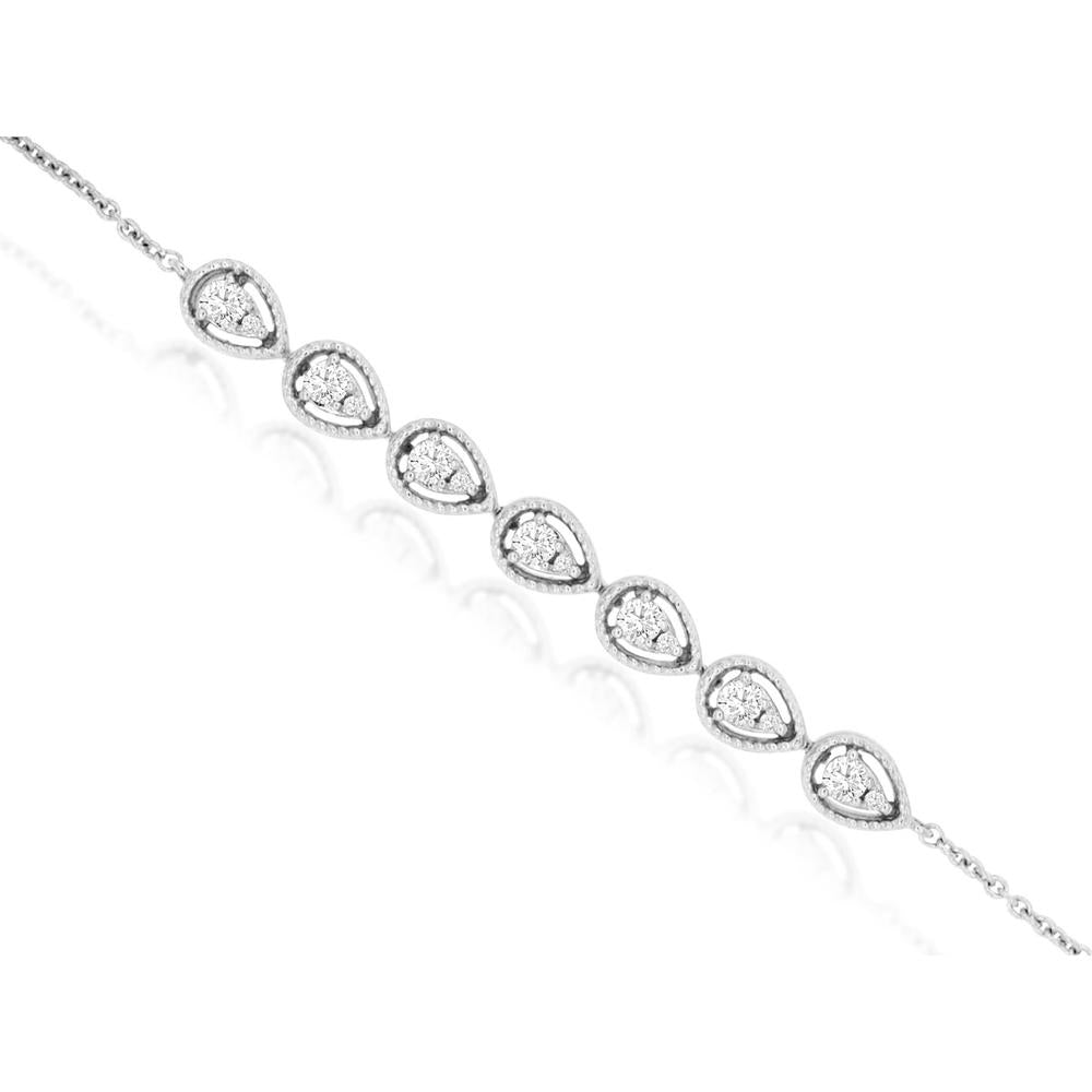 14K White Gold Pear Station Bracelet with Prong Set Round Diamonds and Milgrain Detail - 0.27 Carat Total Diamond Weight - Royal Jewelry