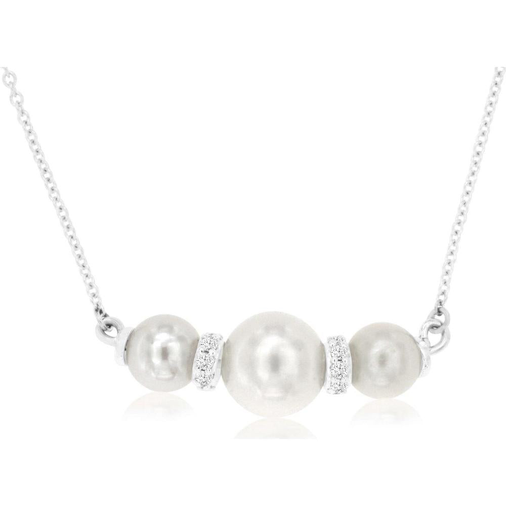14K White Gold Pearl & Diamond Necklace with 0.15 Carats Diamond Accents