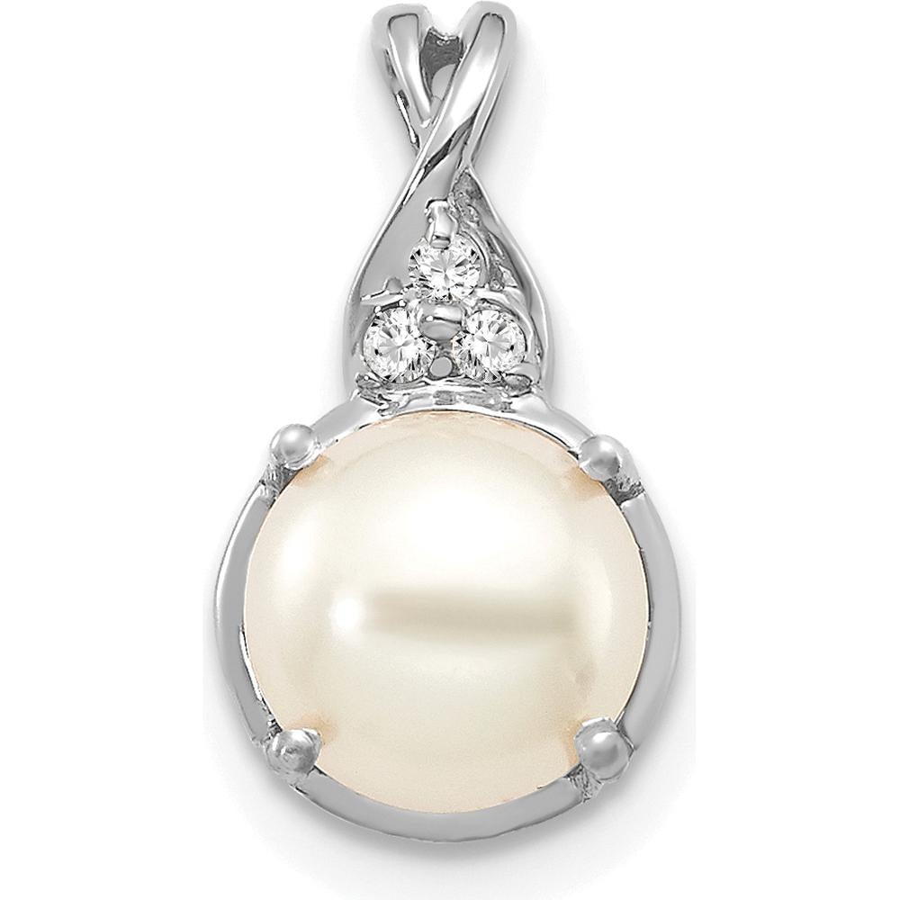 14K White Gold Pearl and Diamond Pendant with 7mm Cultured Pearl and 0.01 Carat Round Diamonds by Oro Pregiato