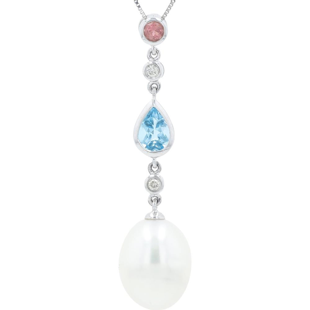 14K White Gold Pearl & Gemstone Drop Pendant with Blue Topaz, Rhodolite & Diamond - 0.65 Carat Total Gemstone Weight