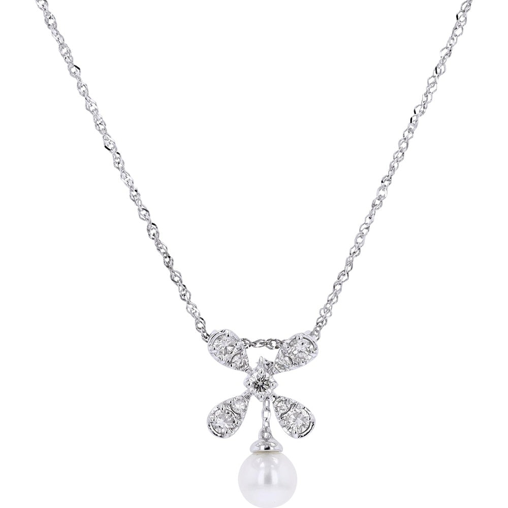 14K White Gold Pearl Drop Pendant with Pavé-Set Diamond Bow Motif - 0.25 Carat Total Diamond Weight