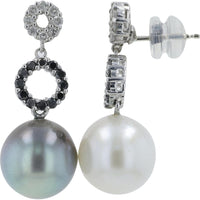 14K White Gold Pearl Earrings with Black Diamond Halo - 0.60 Carat Total Diamond Weight