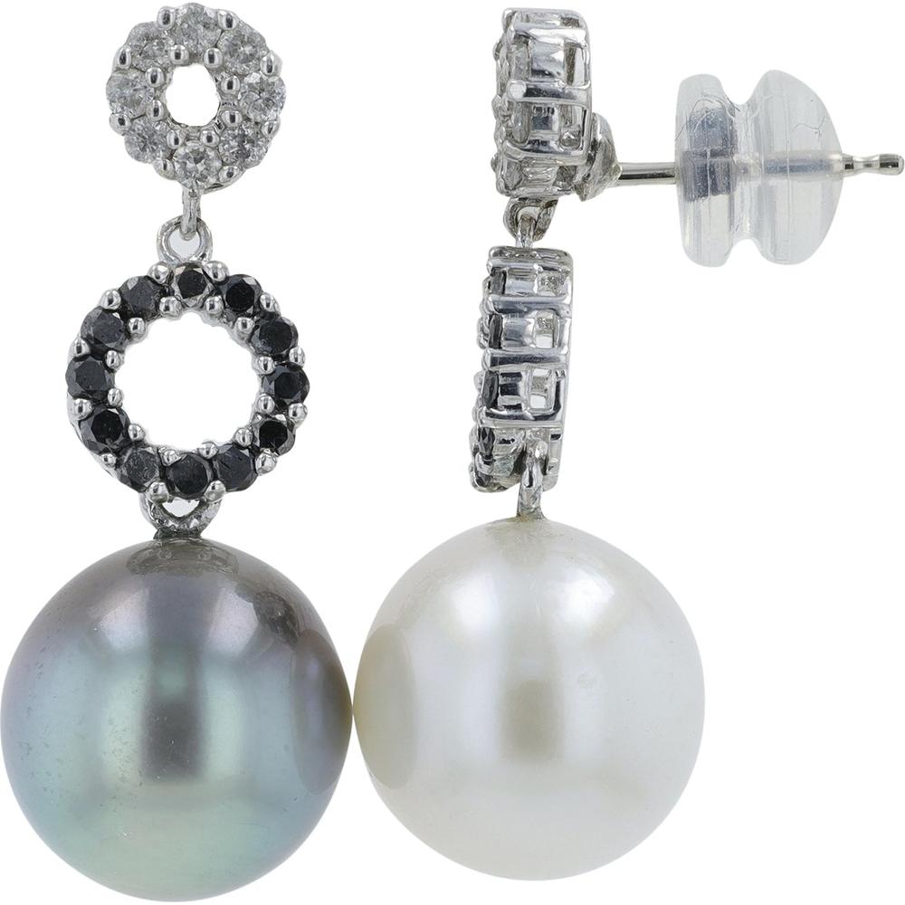 14K White Gold Pearl Earrings with Black Diamond Halo - 0.60 Carat Total Diamond Weight
