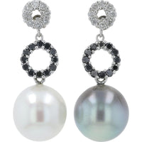 14K White Gold Pearl Earrings with Black Diamond Pavé Circle - 0.60 Carat Total Diamond Weight