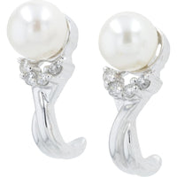 14K White Gold Pearl J-Hoops with Diamond Accents - 1/6 Carats Total Diamond Weight