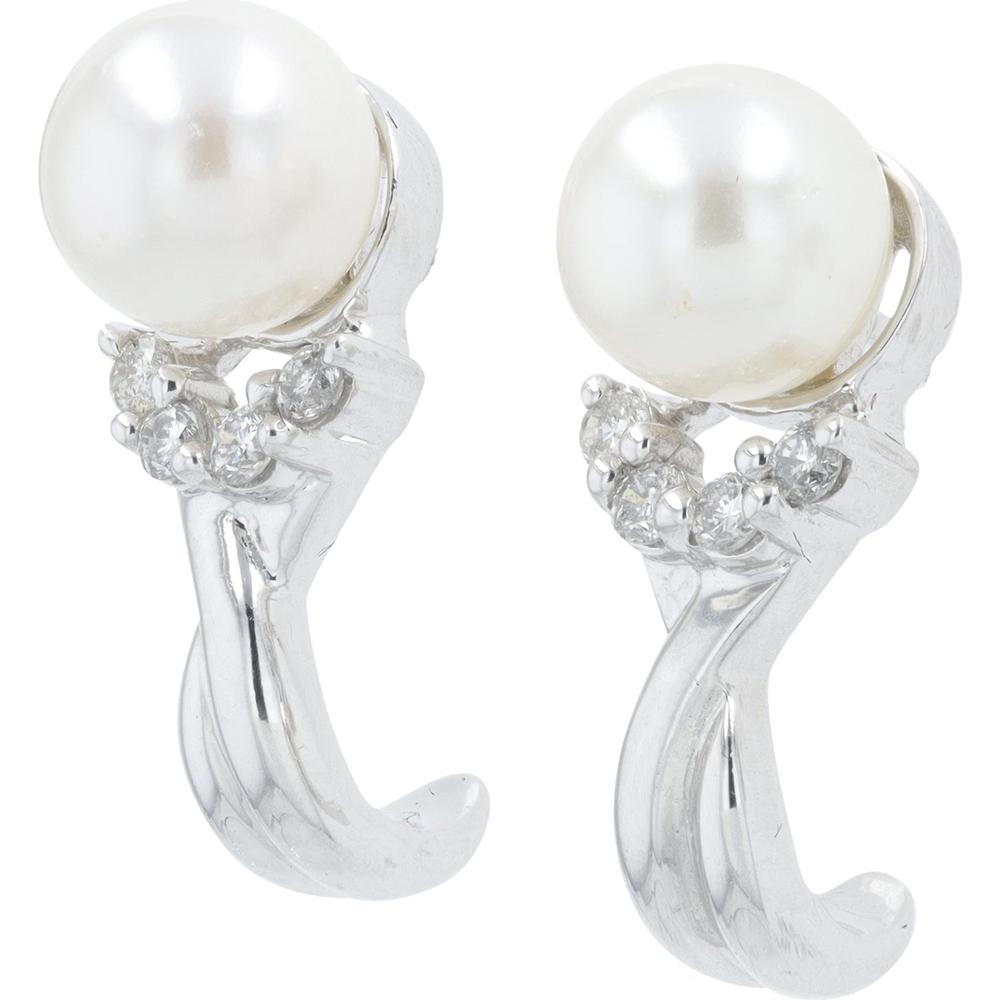 14K White Gold Pearl J-Hoops with Diamond Accents - 1/6 Carats Total Diamond Weight