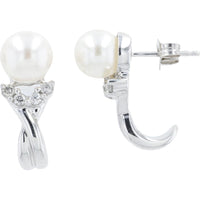 14K White Gold Pearl J-Hoops with Diamond Accents - 1/6 Carats Total Diamond Weight