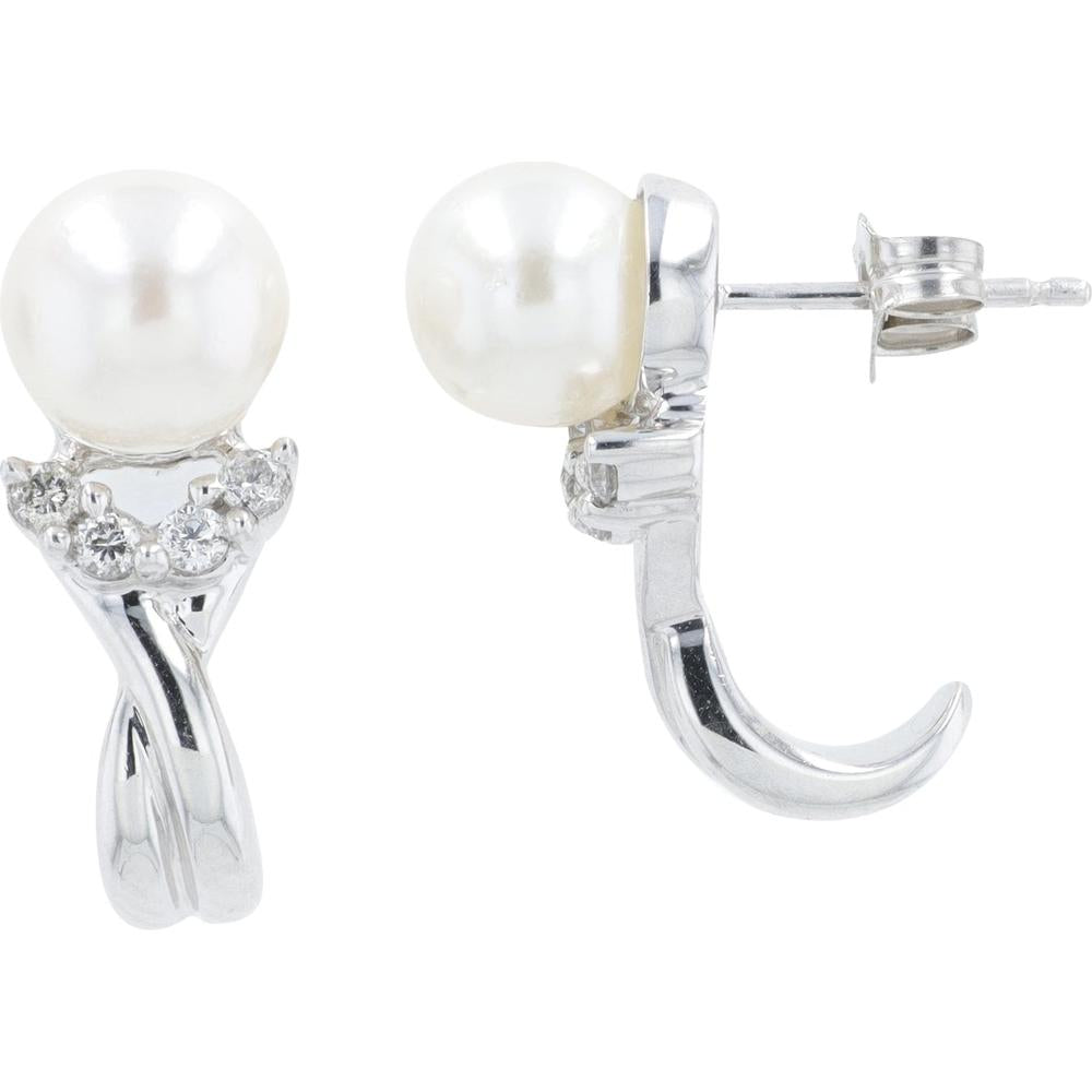 14K White Gold Pearl J-Hoops with Diamond Accents - 1/6 Carats Total Diamond Weight