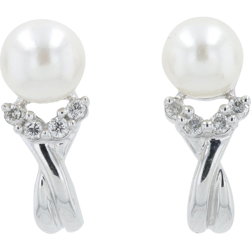14K White Gold Pearl J-Hoops with Diamond Accents - 1/6 Carats Total Diamond Weight