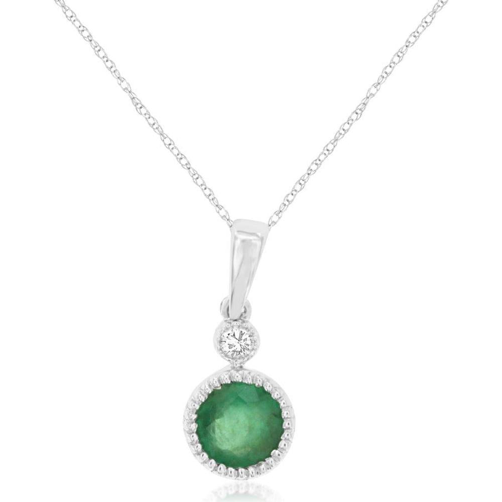 14K White Gold Pendant Necklace with 0.52 Carats Round Emerald and 0.03 Carats Round Diamond