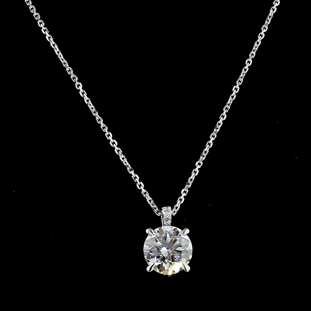 14K White Gold Pendant Necklace with 3.13 Carat Round Brilliant Lab Diamond and Accent Stones - 3.18 Total Carat Weight - Covaloro Fine Jewelry
