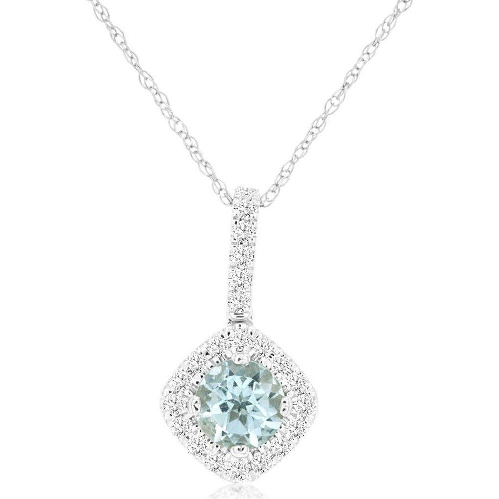 14K White Gold Pendant Necklace with Cushion-Shaped Diamond Halo and Round Aquamarine – 0.44 Carat Aquamarine and 0.16 Carat Total Diamond Weight - Royal Jewelry