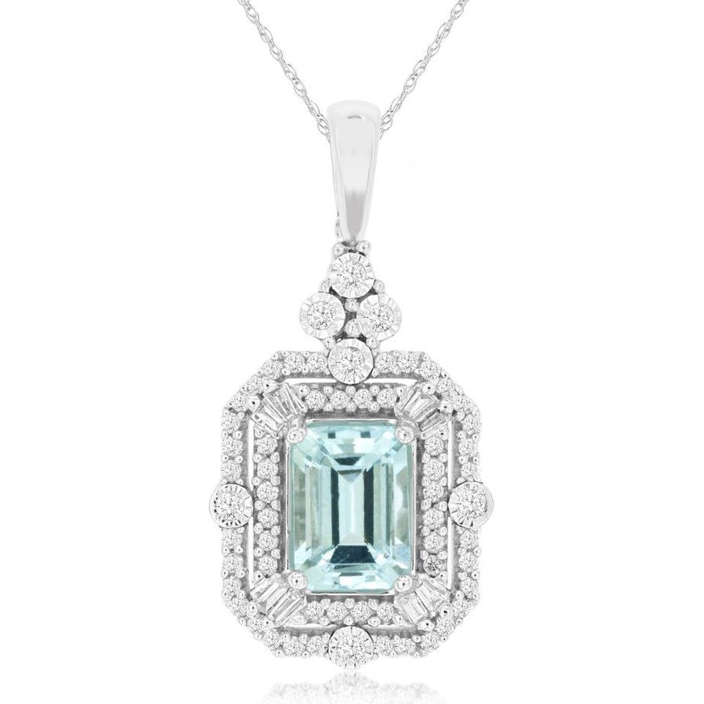 14K White Gold Pendant Necklace with Emerald-Cut Aquamarine and Dual-Halo Baguette and Round Diamonds - 0.87 Carat Aquamarine and 0.25 Carat Total Diamond Weight - Royal Jewelry