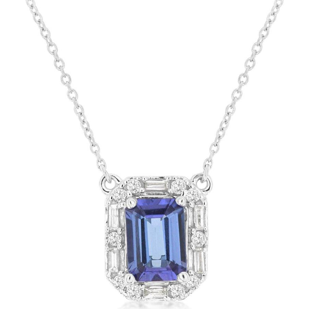 14K White Gold Pendant Necklace with Emerald Cut Tanzanite and Diamond Halo - 1.15 Carat Tanzanite & 0.19 Carat Total Diamond Weight - Royal Jewelry