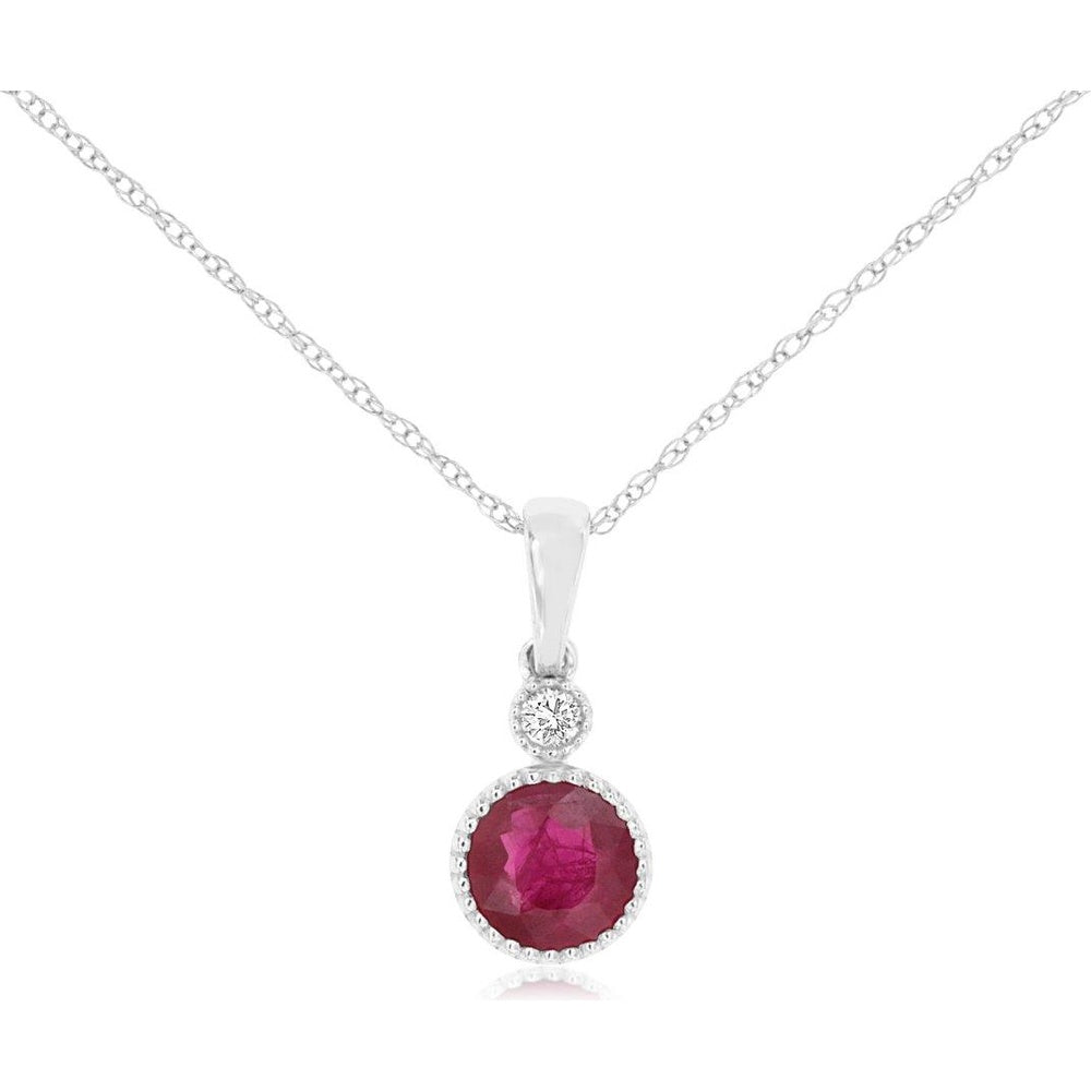 14K White Gold Pendant Necklace with Milgrain-Halo Round Ruby and Brilliant Diamond Accent - 0.65 Carat Ruby and 0.03 Carat Diamond - Royal Jewelry