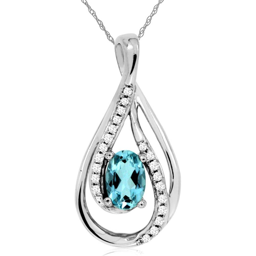 14K White Gold Pendant Necklace with Oval Aquamarine and Accent Diamonds - 0.45 Carat Aquamarine, 0.08 Carat Diamond Total Weight - Royal Jewelry